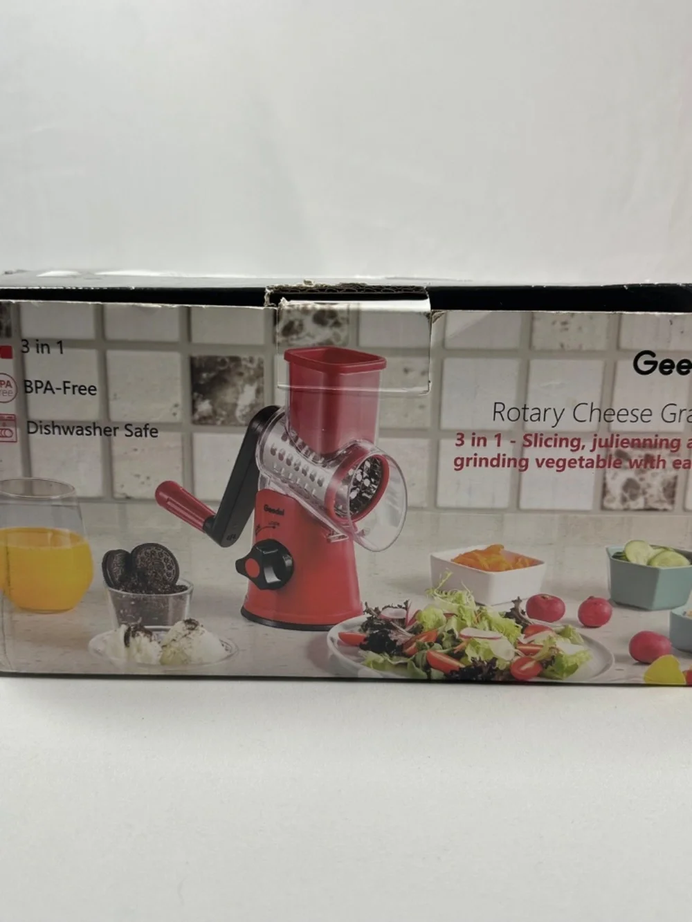 Geedel Rotary Cheese Grater Pink and Teal 3in1 Slicing Julienning & Grinding NIB